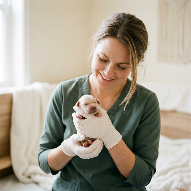 Breeder caring for newborn puppy in neonatal incubator